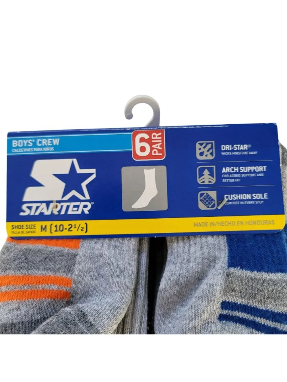 Starter Crew Boys Socks Gray 10-2.5 M 6 Pair Ribbed Dri-Star Support Cushion NEW